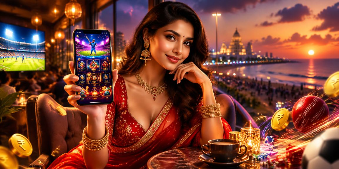 User enjoying mobile casino near Marina Beach Chennai wearing traditional saree