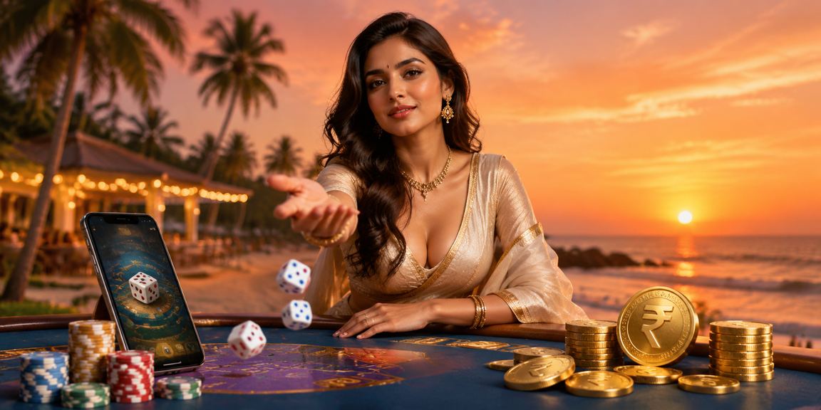 Scenic beach view in Goa with sports betting interface visible on mobile