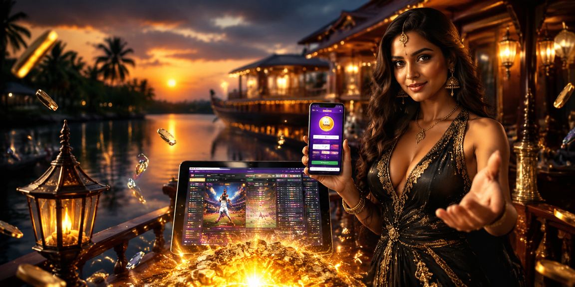 Indian player enjoying live casino mobile gaming with scenic Kerala backwaters background