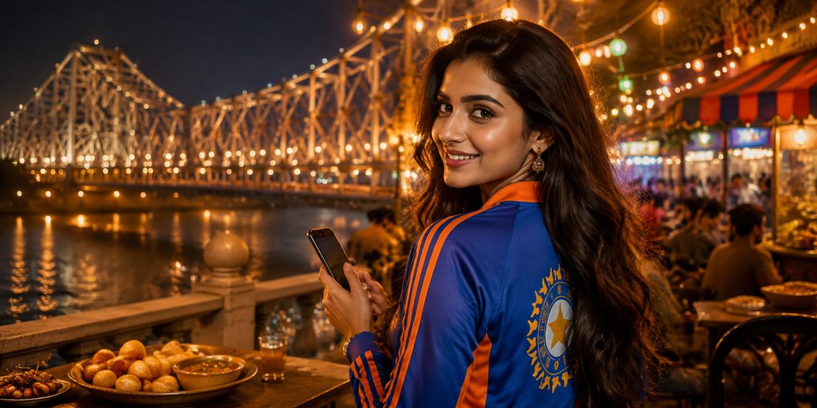 Crowded cricket betting market at night in Kolkata with neon lights
